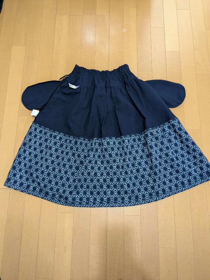 久留米絣　手織り　ネイビー フレアスカート 切り替え　藍暦　AIGOYOMI