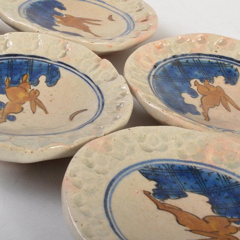 九谷焼　長谷川紀代造　色絵　うさぎ文　小皿　手塩皿　五客　共箱　M　6445