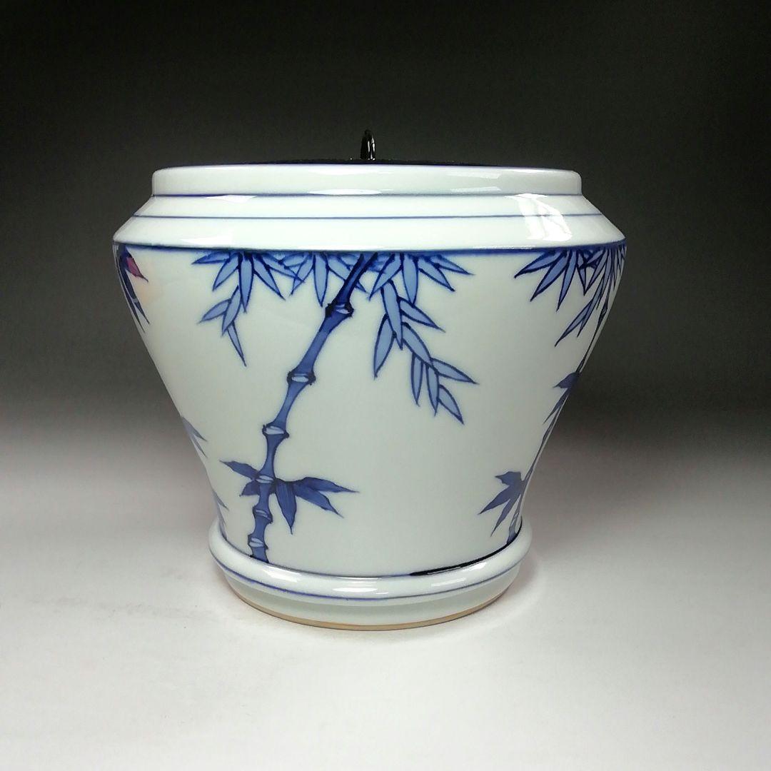 Ｓ８０４　水指　『染付　竹繪　水指』『平安　静山造』　共箱　茶道具