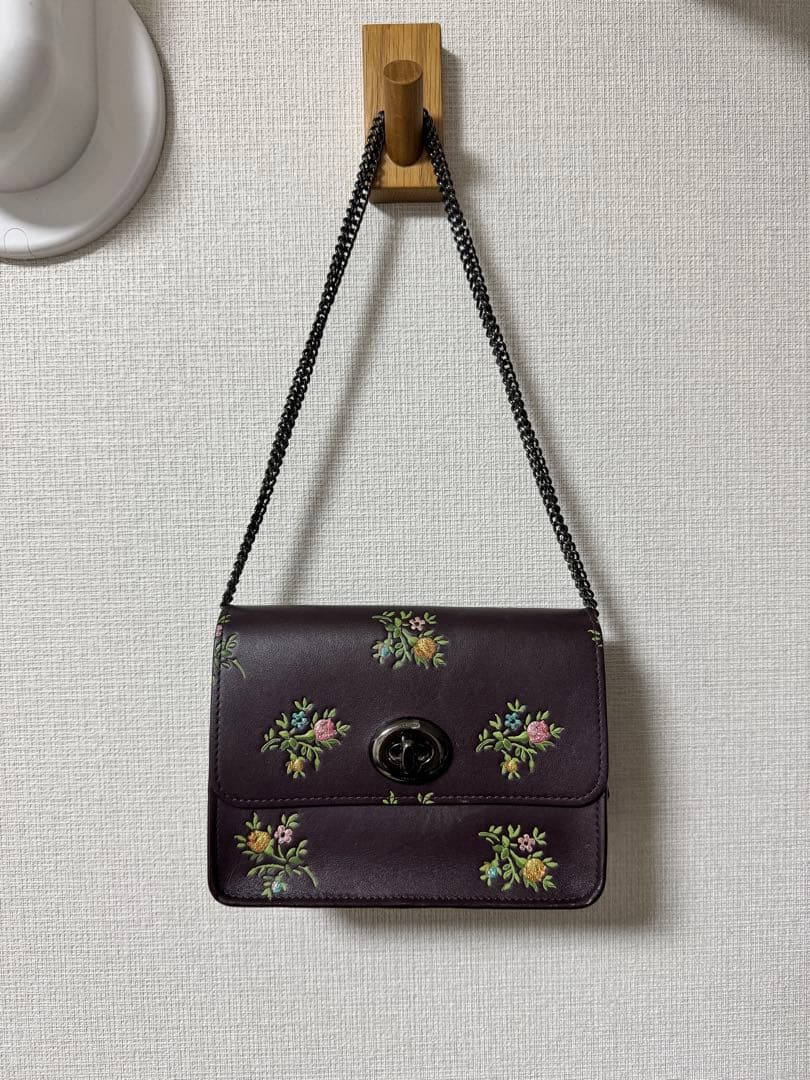 コーチ　2way花柄刺繍 ダークブラウン パーティーバッグ