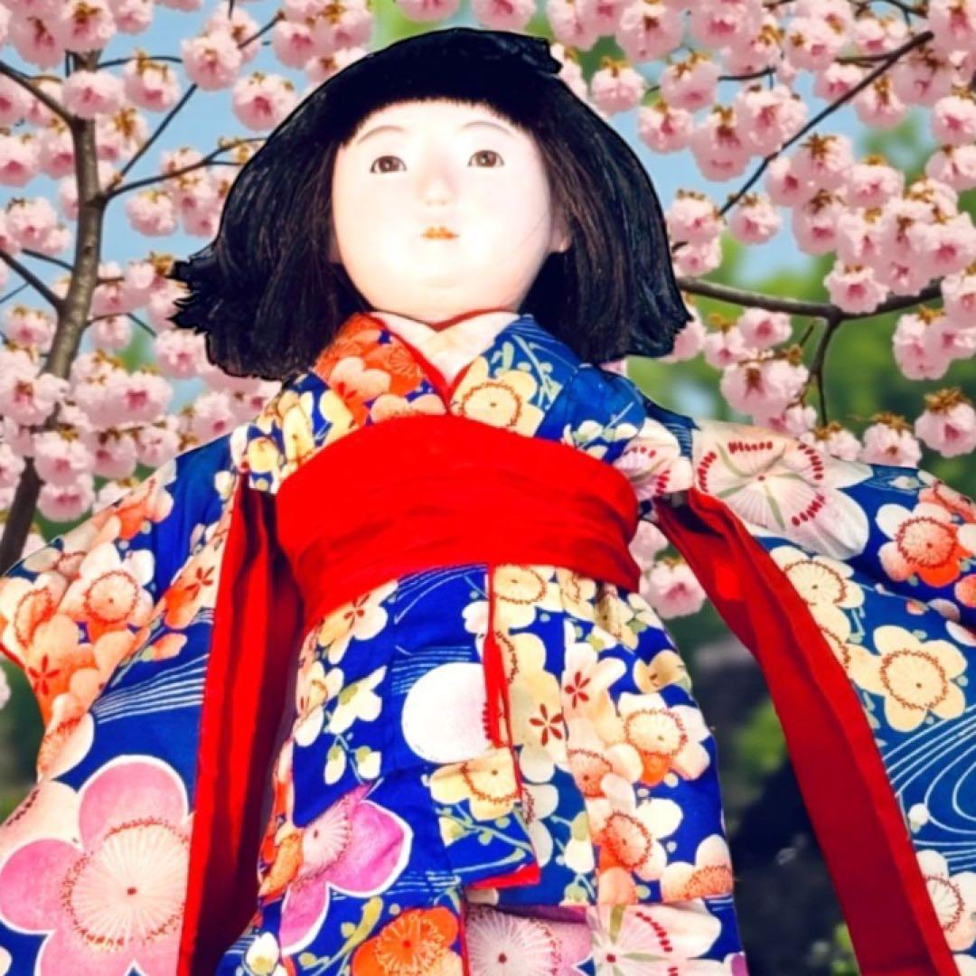 市松人形 明治期 三つ折れ ふいご 山桜 青縮緬着物 花柄 ガラス目 希少 泣き