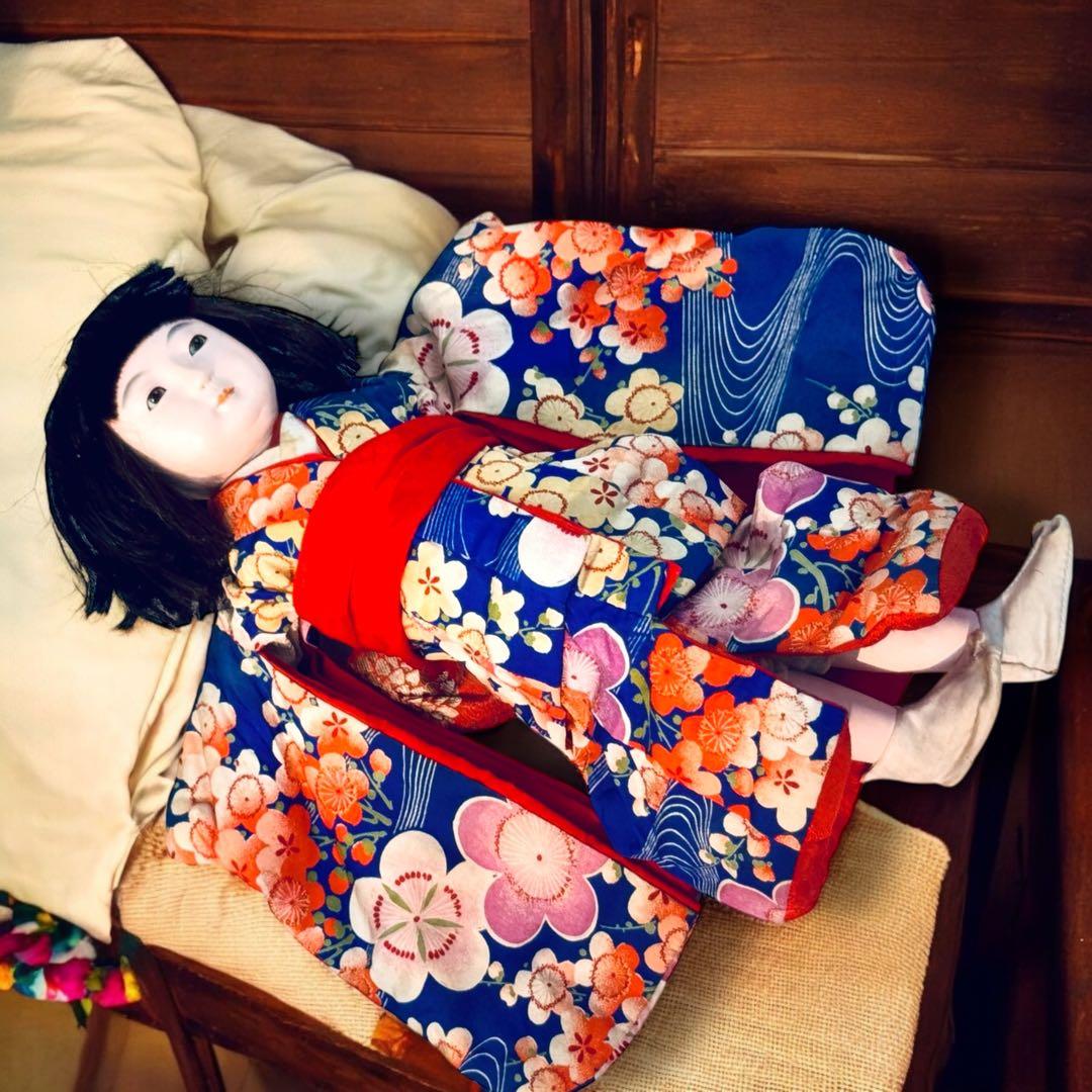 市松人形 明治期 三つ折れ ふいご 山桜 青縮緬着物 花柄 ガラス目 希少 泣き