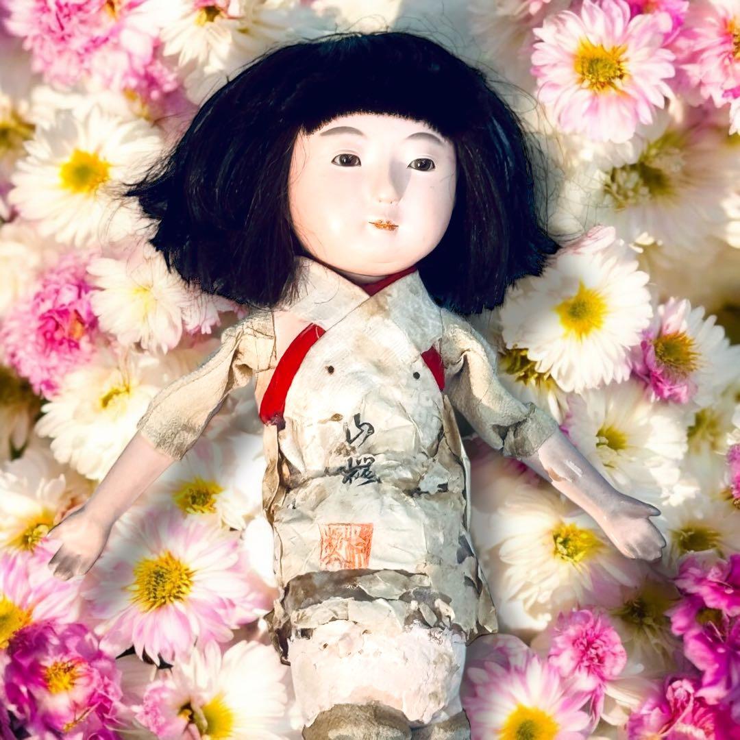 市松人形 明治期 三つ折れ ふいご 山桜 青縮緬着物 花柄 ガラス目 希少 泣き