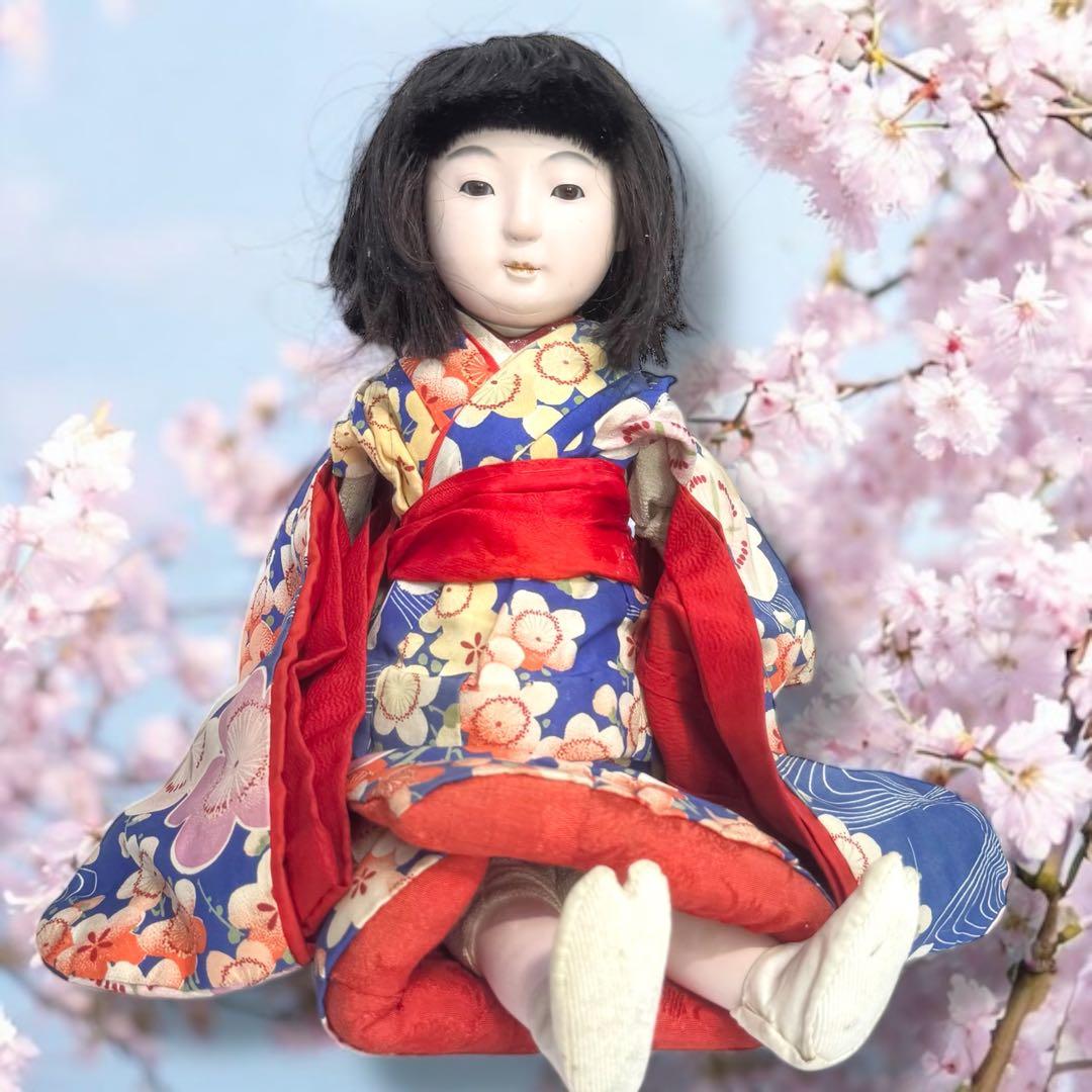 市松人形 明治期 三つ折れ ふいご 山桜 青縮緬着物 花柄 ガラス目 希少 泣き