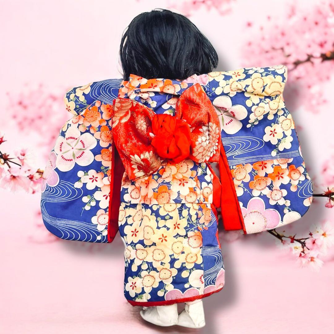 市松人形 明治期 三つ折れ ふいご 山桜 青縮緬着物 花柄 ガラス目 希少 泣き