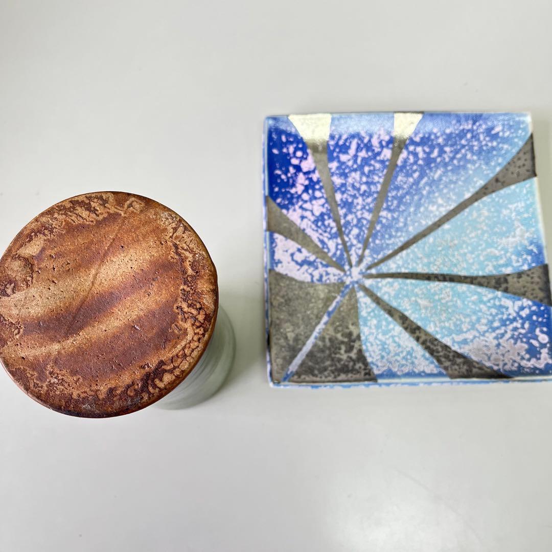 作家物　益子焼　浜田晋作　掛合釉　花生　花器　花瓶　　瀬戸浩　銀彩　板皿　作家