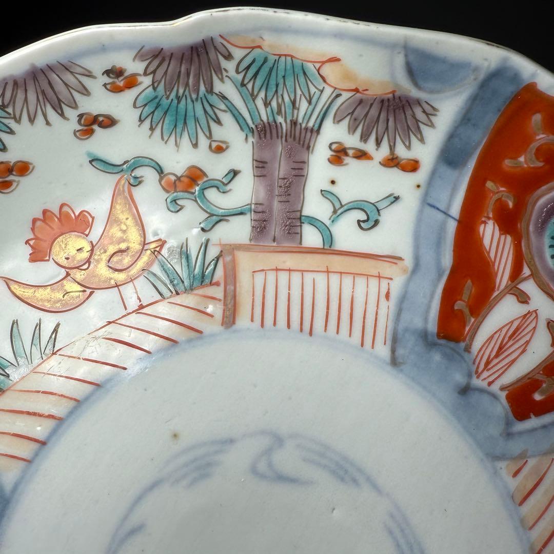 古伊万里　色絵花鳥図輪花形七寸皿　松竹梅　裏巻物文様　江戸期　金蘭手　最後の四枚