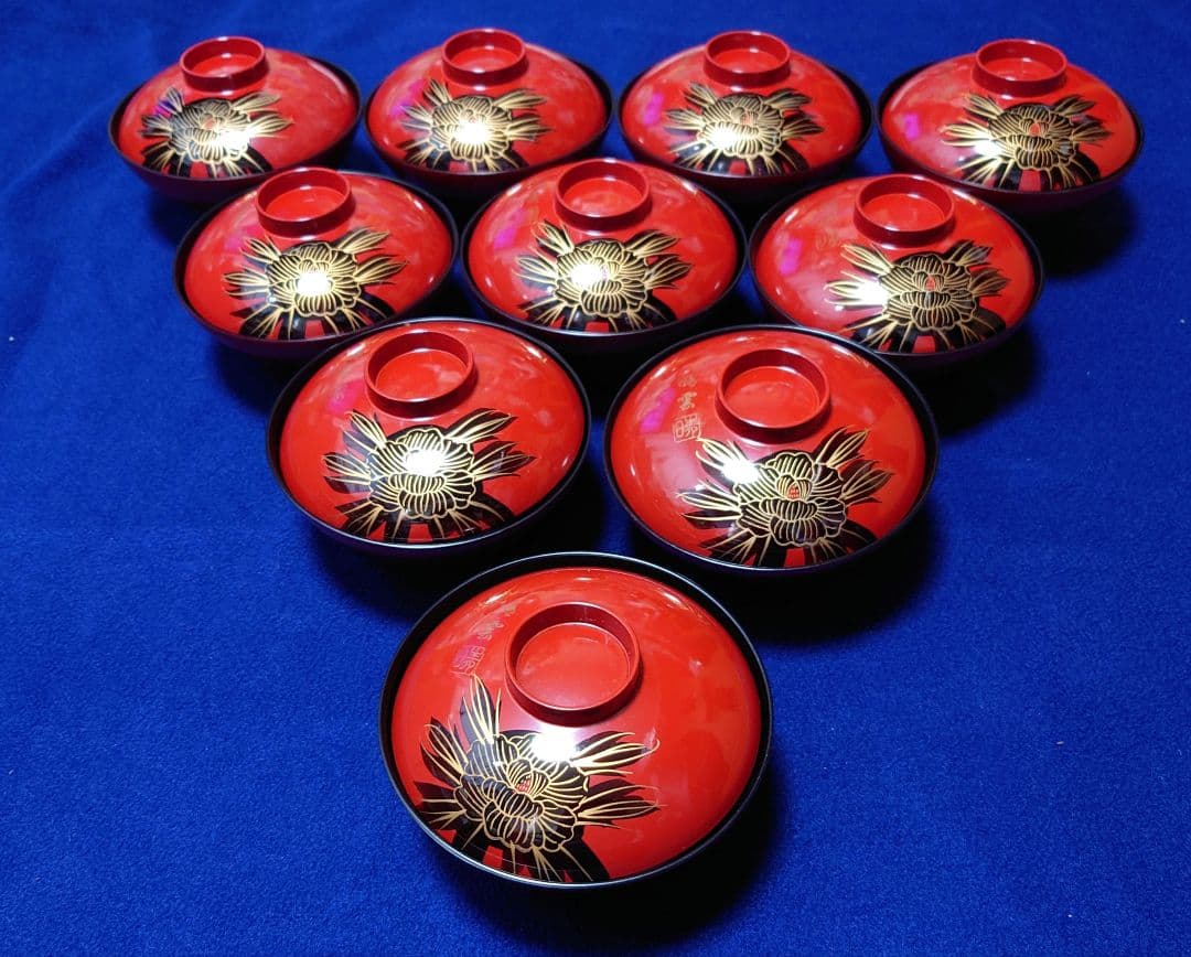 昭和レトロ　漆器 椀 10個セット 赤 花柄
