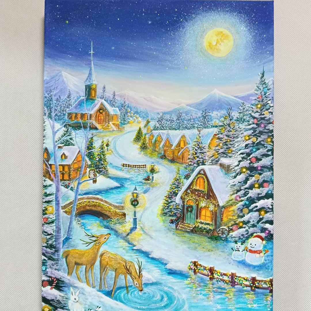 No.555 大きめF4 クリスマス　雪景色　冬景色　鹿　アクリル画　原画