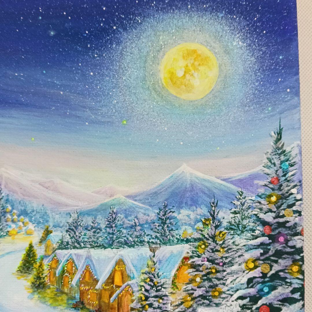 No.555 大きめF4 クリスマス　雪景色　冬景色　鹿　アクリル画　原画