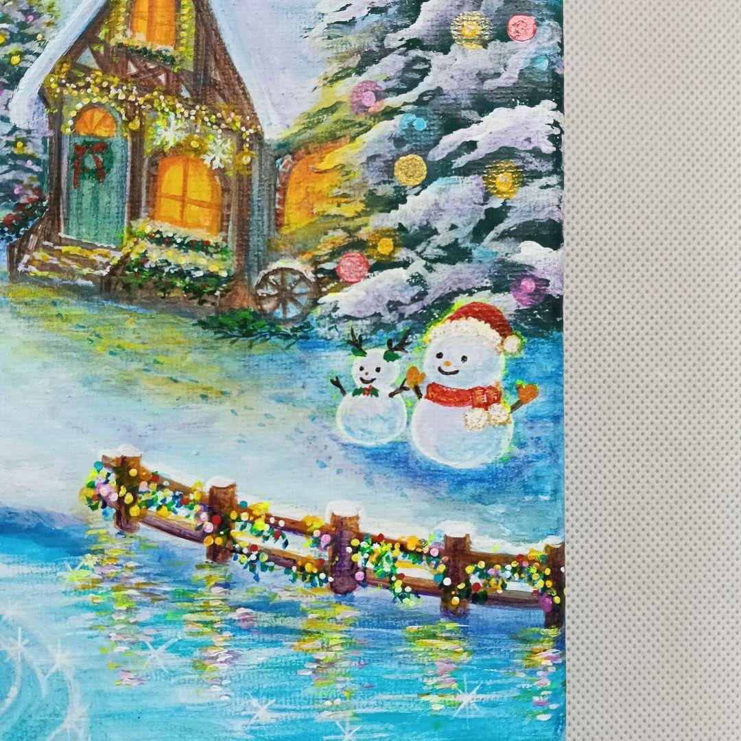 No.555 大きめF4 クリスマス　雪景色　冬景色　鹿　アクリル画　原画