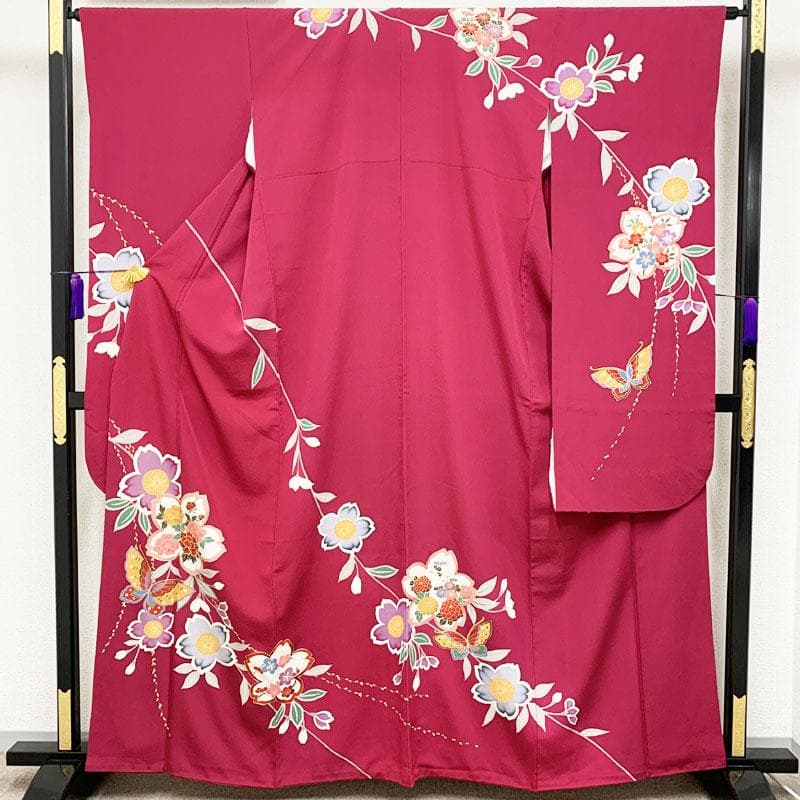 412z16☆中振袖 金駒刺繍 金彩 ちりめん 古典柄☆美品 成人式 結婚式