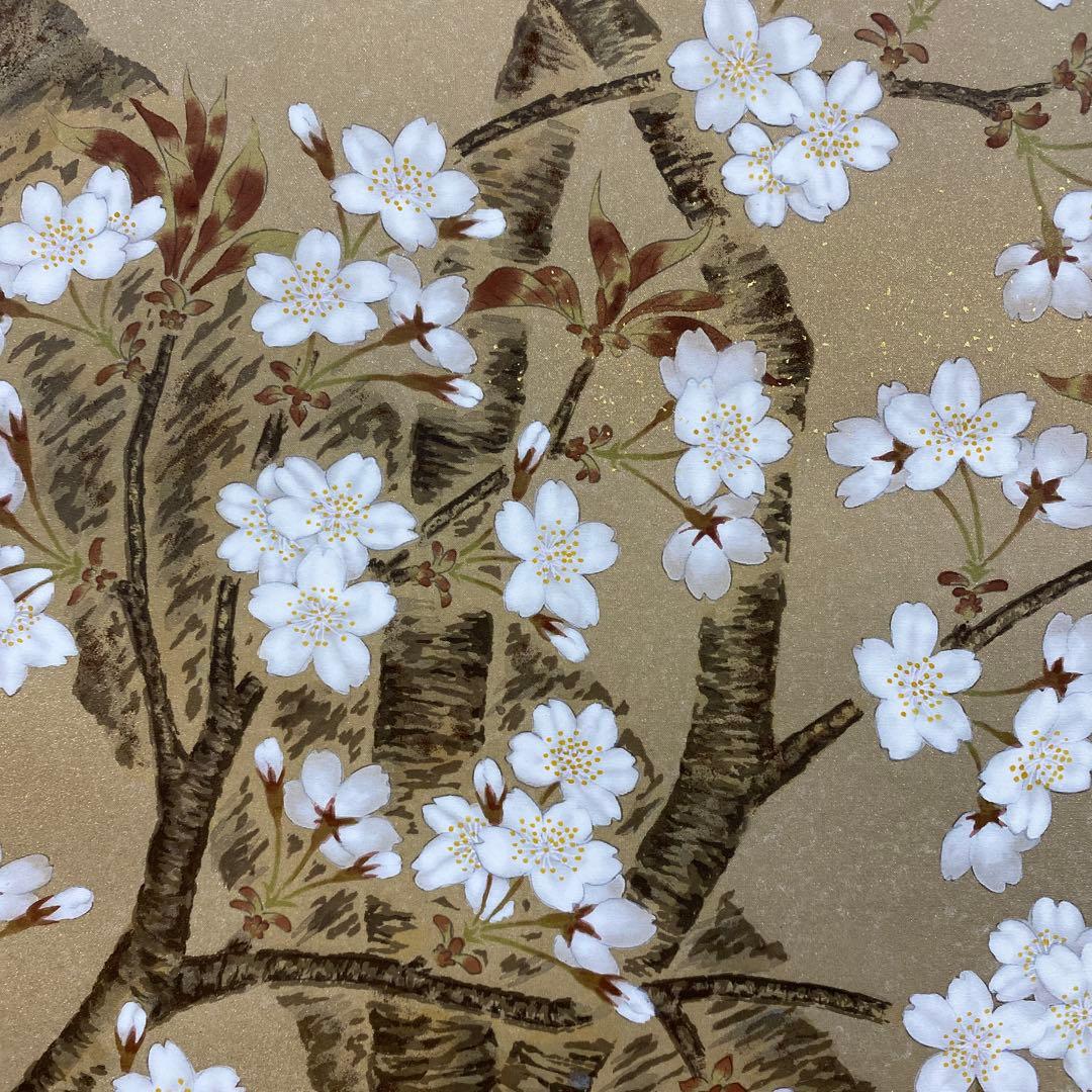 美品 掛け軸 柳沢寿江作 金地 春宵図 桜 共箱 太巻き 縁起物