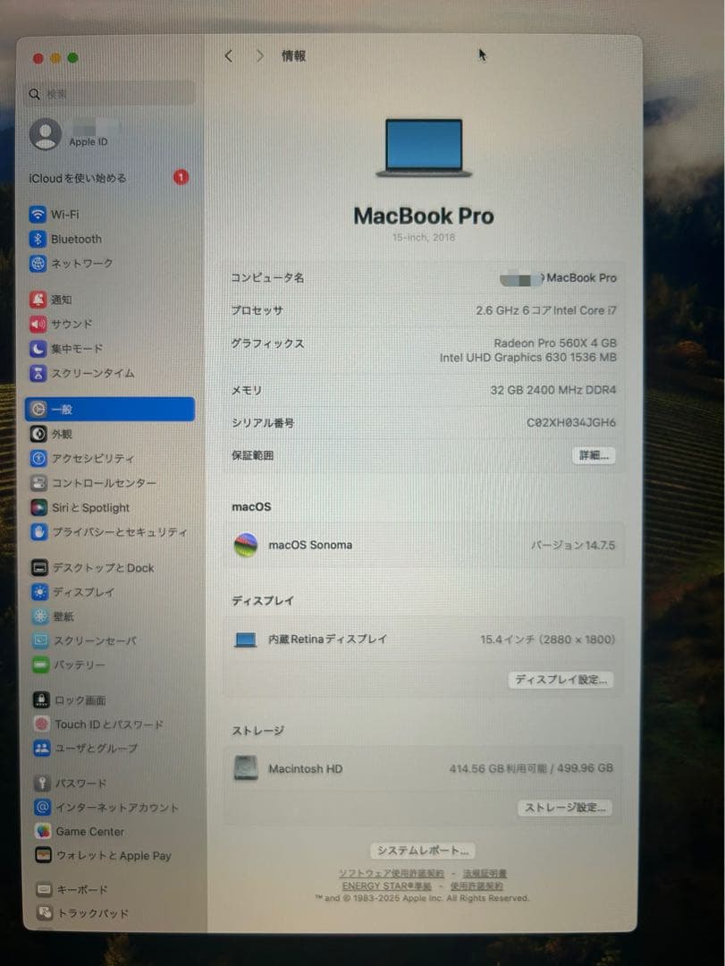 MacBook Pro 15インチ 2018 32GB / 500GB
