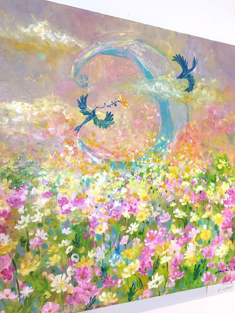 桃色の記憶と花畑　F8 キャンバス　アクリル画