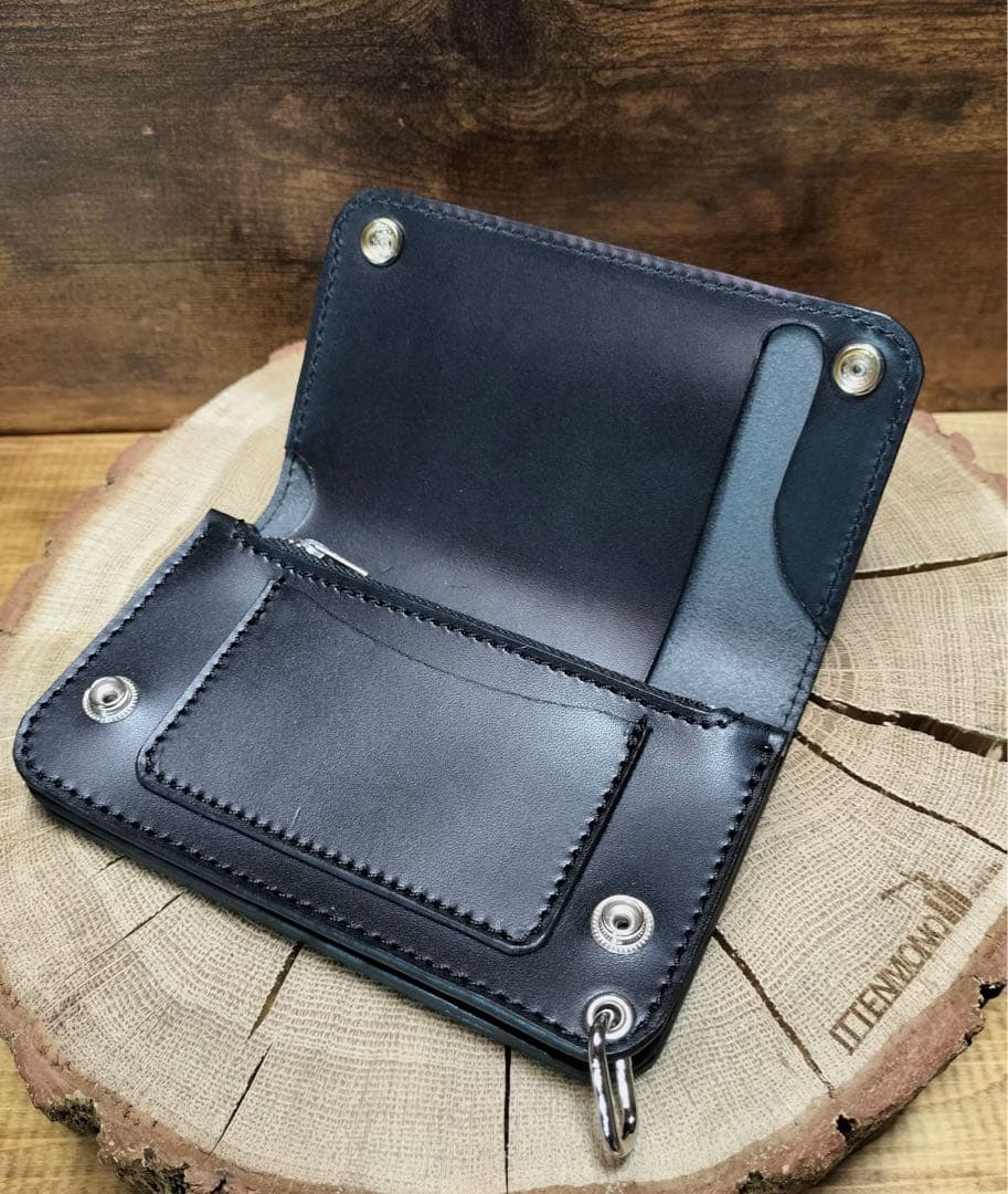 栃木レザー　札ポケット付きミドルトラッカーウォレット3層　黒　ハンドメイド