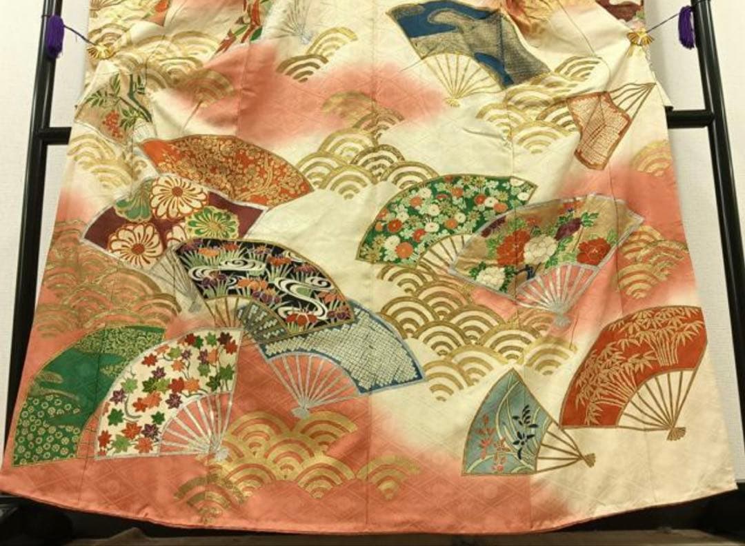 振袖フルセット6点サイズM〜Ｌ駒刺繍　扇面花文　暈し染め　金銀彩　金銀糸　正絹