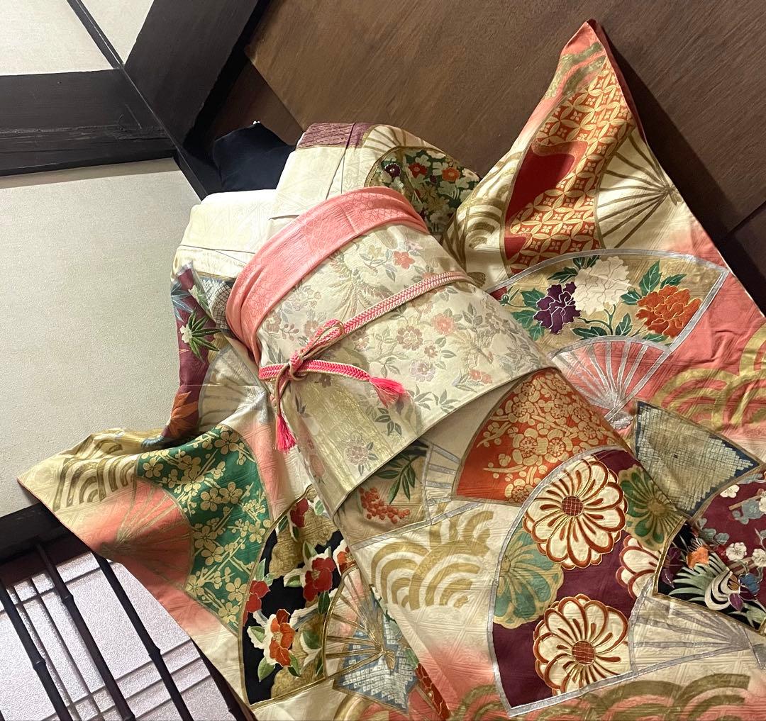 振袖フルセット6点サイズM〜Ｌ駒刺繍　扇面花文　暈し染め　金銀彩　金銀糸　正絹
