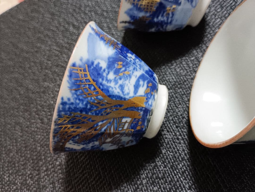 京山造　京焼　煎茶碗　 煎茶道具　 骨董 茶器 時代物　鳥居京山　染付　金彩