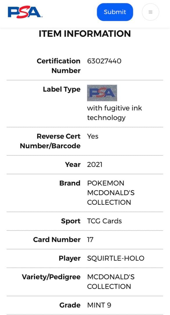 25周年 PSA 9 ゼニガメ マクドナルド 珍ポケモンカード ポケカ トレカ