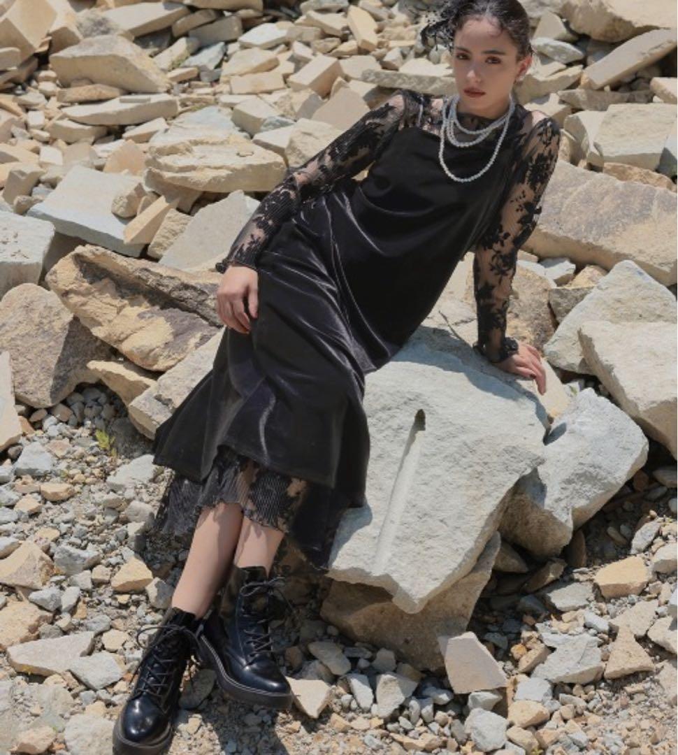 Callarus 2way ベロアフロッキープリーツ ワンピース ドレス 黒