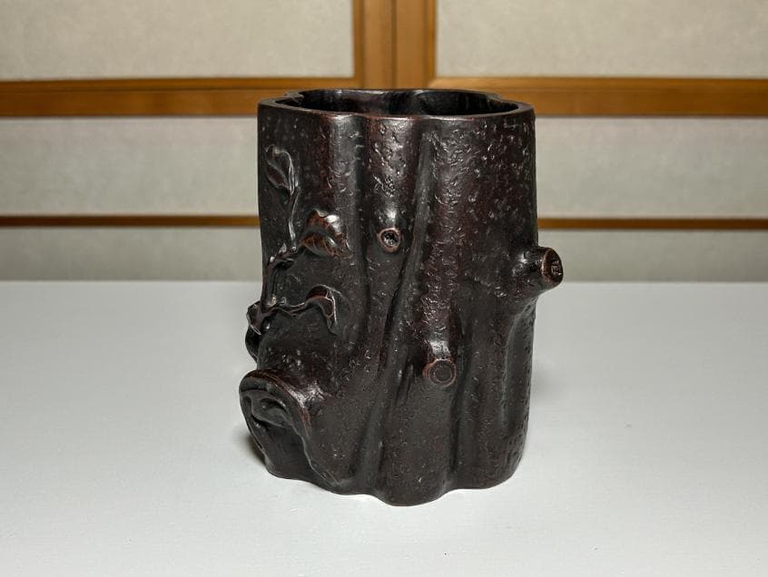 中国宜興 朱泥 切株 筆筒 筆立 書道 陳鳴遠 骨董品