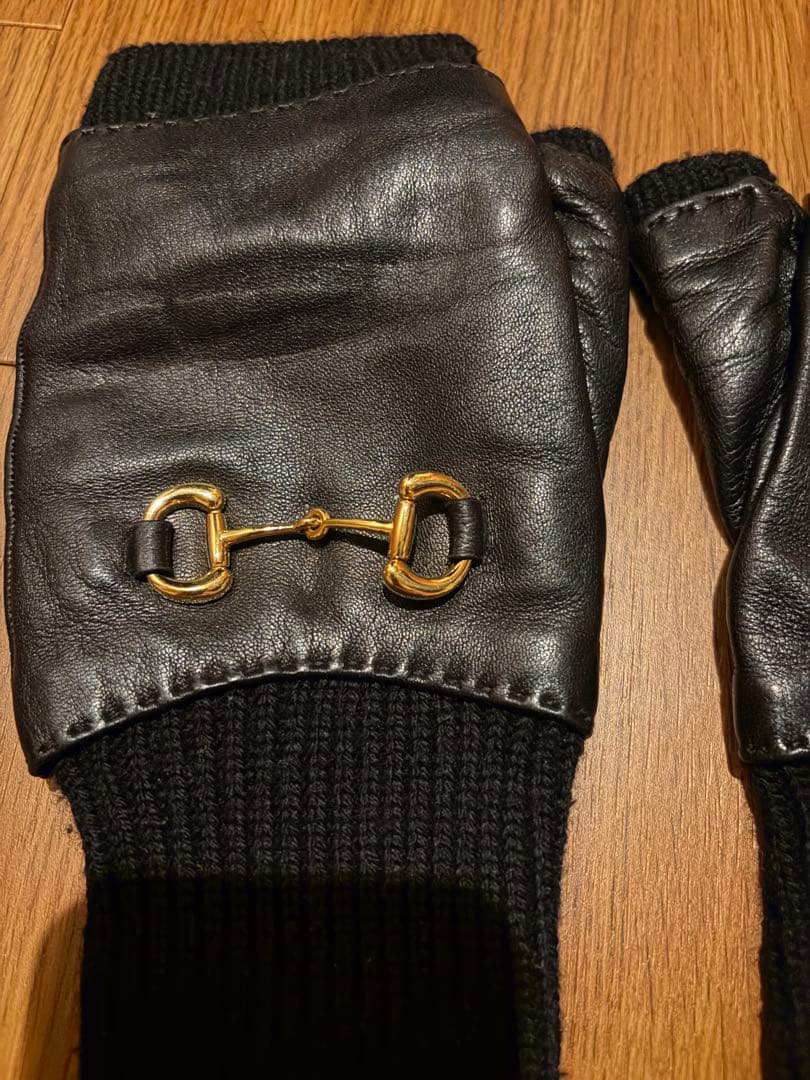 GUCCI レザー ニット 指なし手袋 黒