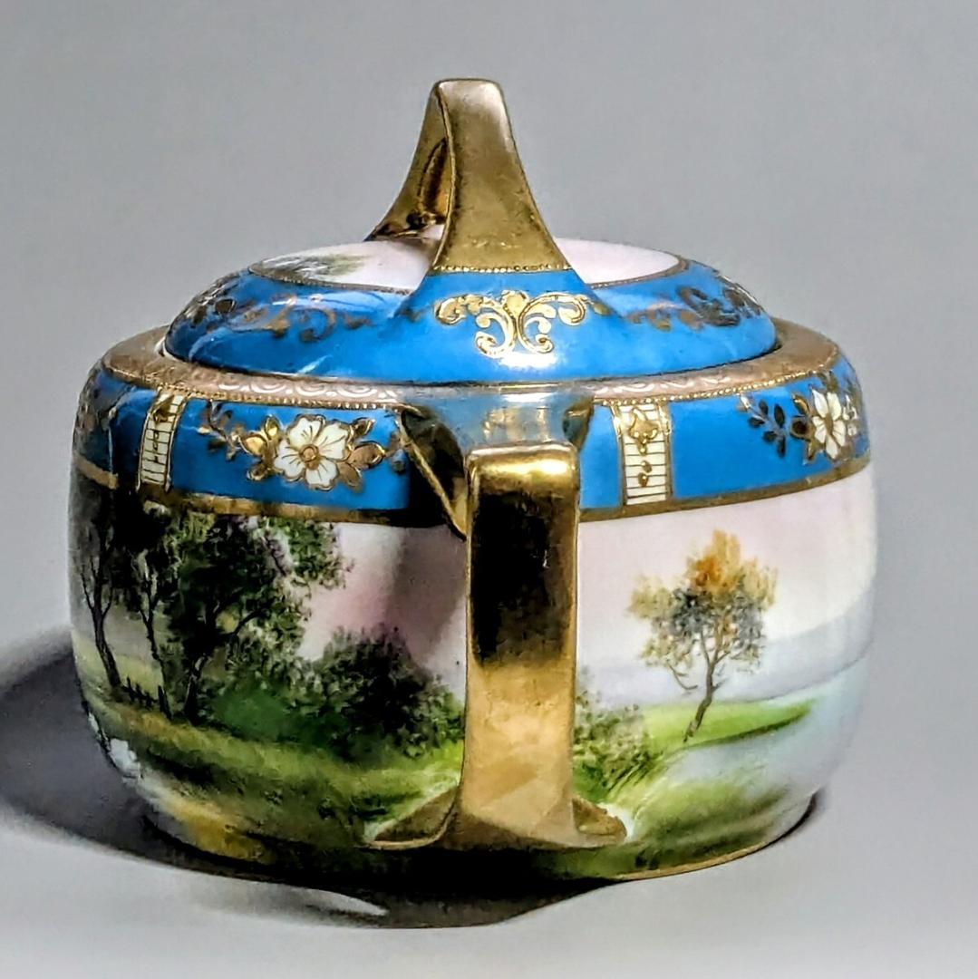 オールドノリタケ ポット ターコイズ 湖畔風景白鳥図 　金彩金盛上 有名パターン