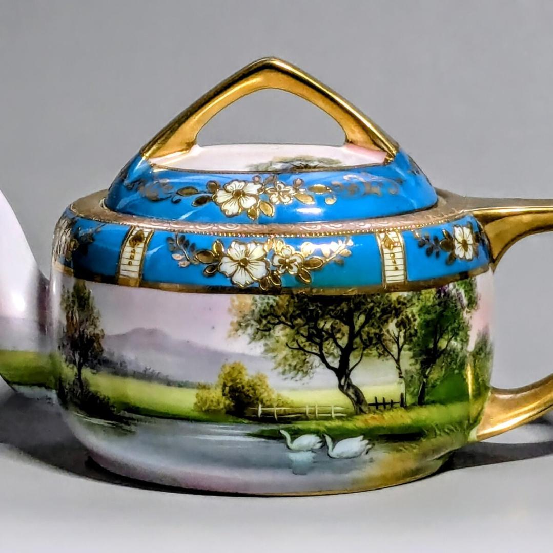 オールドノリタケ ポット ターコイズ 湖畔風景白鳥図 　金彩金盛上 有名パターン