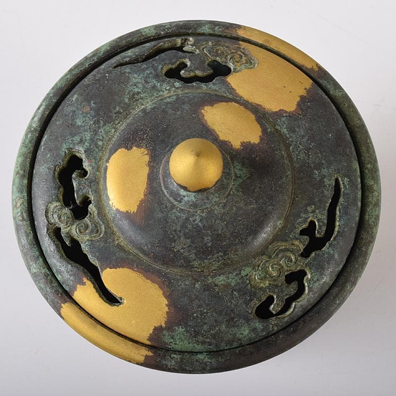 平安　秦蔵六造　塗金銅香炉　「瑞雲」　共箱　G　R8430