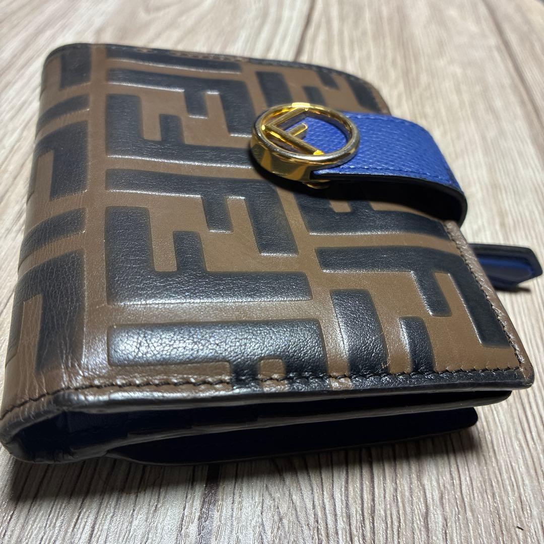 Fendi フェンディ　二つ折り財布 FFロゴ　ブラウン×ブルー　ゴールド金具
