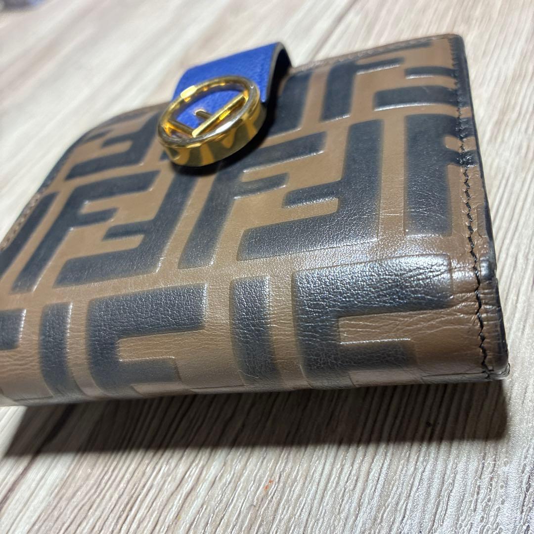 Fendi フェンディ　二つ折り財布 FFロゴ　ブラウン×ブルー　ゴールド金具