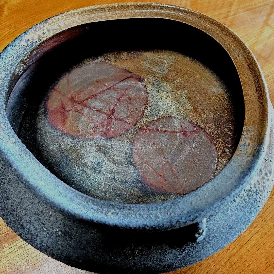 備前焼　藤原陶臣作　三点猫足/三つ足付　水盤　花器　花生