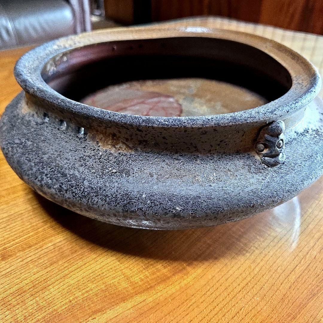 備前焼　藤原陶臣作　三点猫足/三つ足付　水盤　花器　花生