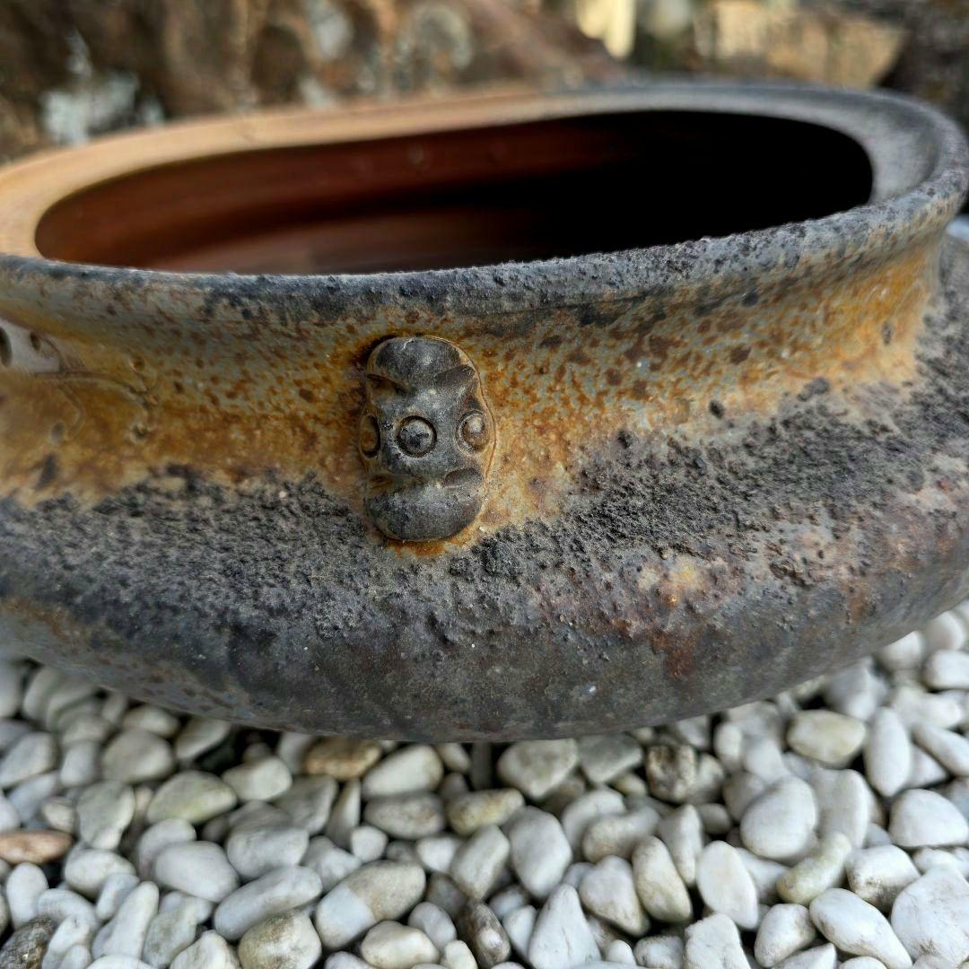 備前焼　藤原陶臣作　三点猫足/三つ足付　水盤　花器　花生