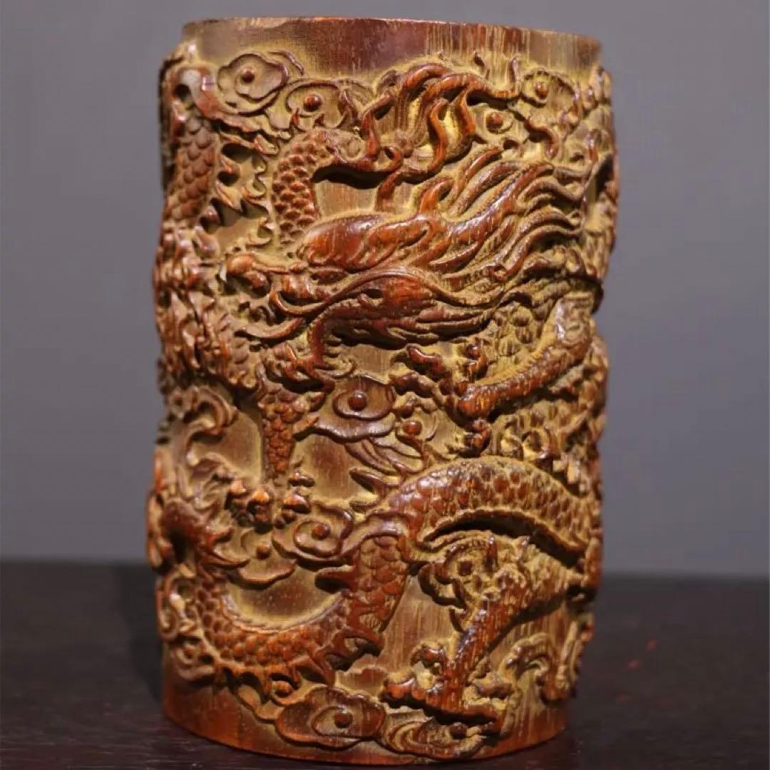 珍蔵　文房具　筆筒 天然　双龍　竹彫り　時代物　文房具　古美術　インテリア　美品
