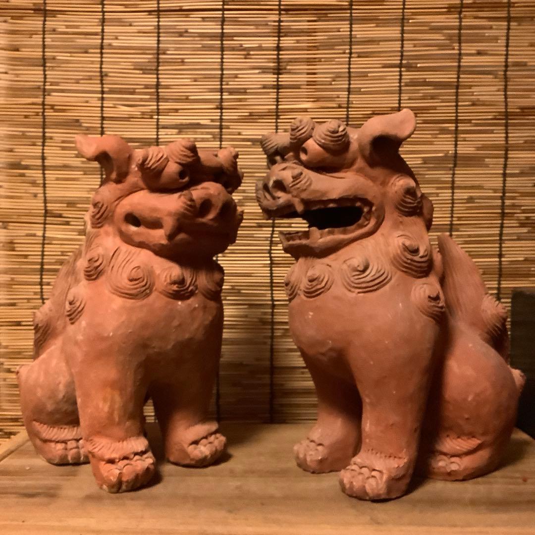 沖縄・名工「新垣榮用・壺屋焼シーサー」狛犬・榮用窯・荒焼・手ひねり・阿吽・銘刻印