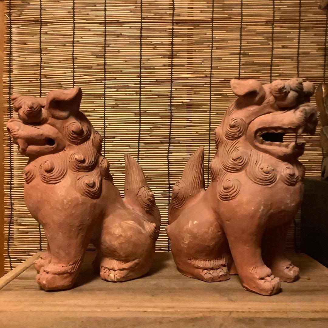 沖縄・名工「新垣榮用・壺屋焼シーサー」狛犬・榮用窯・荒焼・手ひねり・阿吽・銘刻印