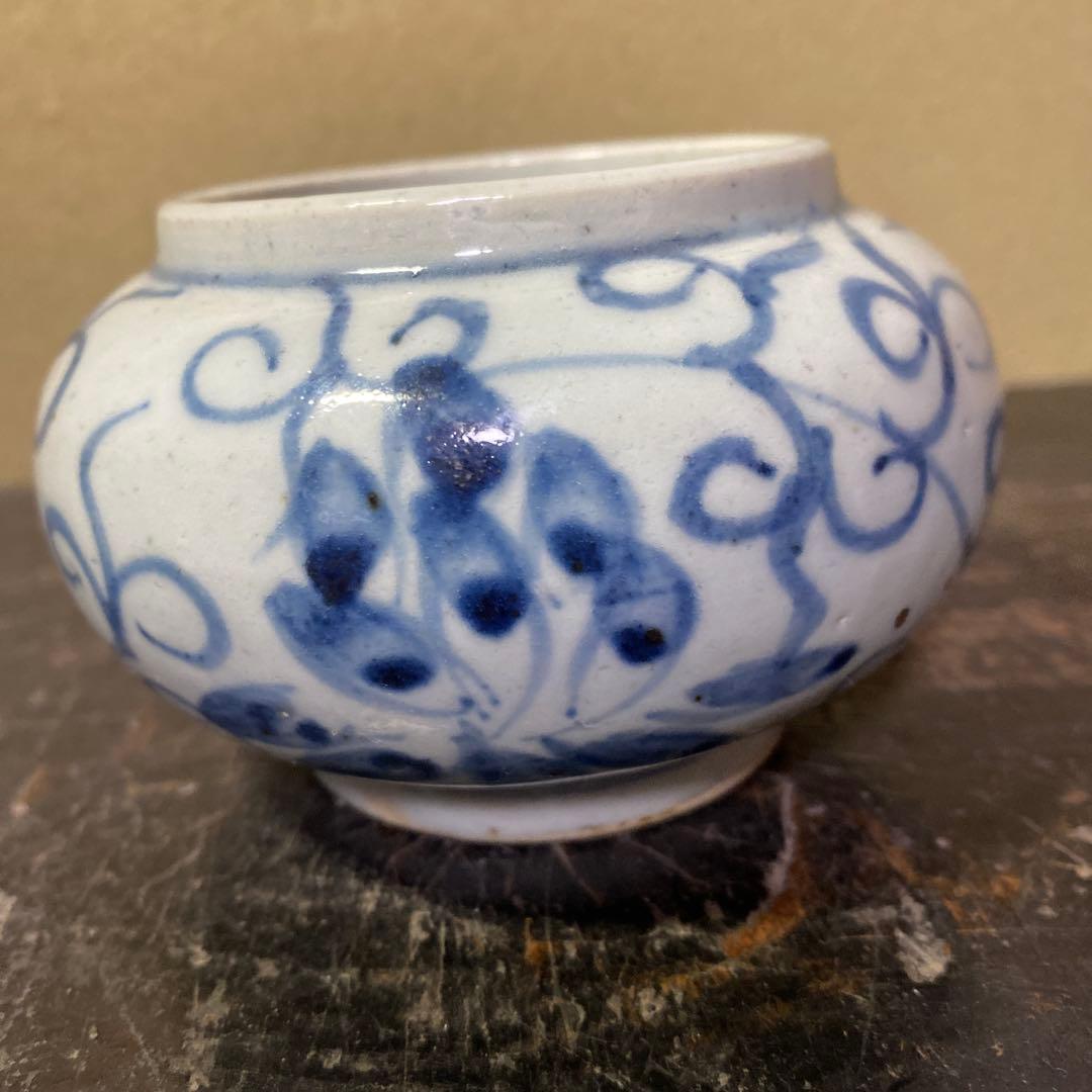 中国古玩　染付草花文水滴