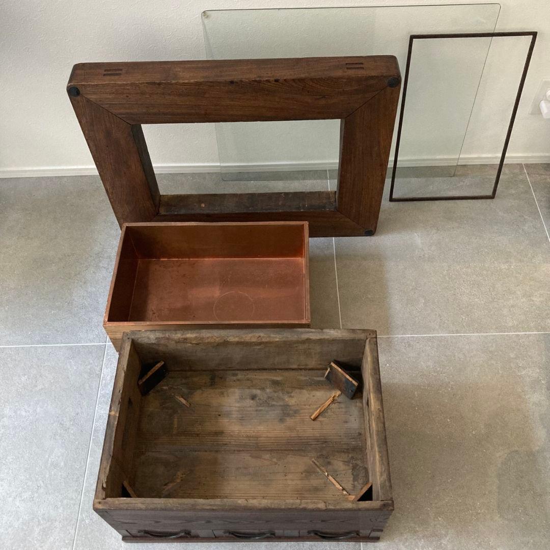 囲炉裏テーブル 時代家具 アンティーク古家具　侘び寂び ガラス 引き出し付