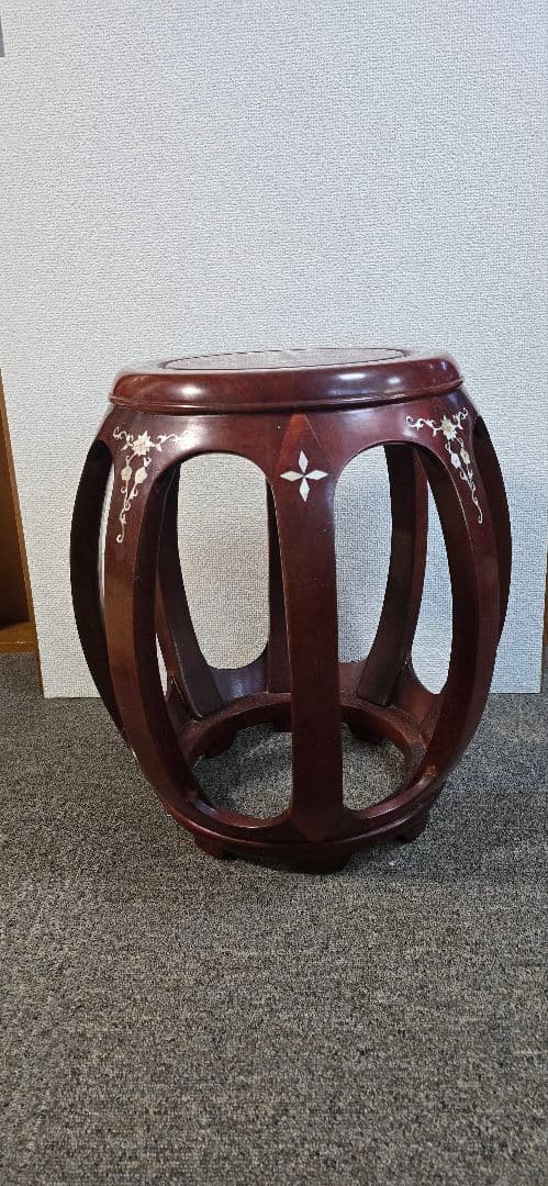 【美品】花梨 無垢 螺鈿細工スツール/椅子 飾り台/花台　太鼓型椅子