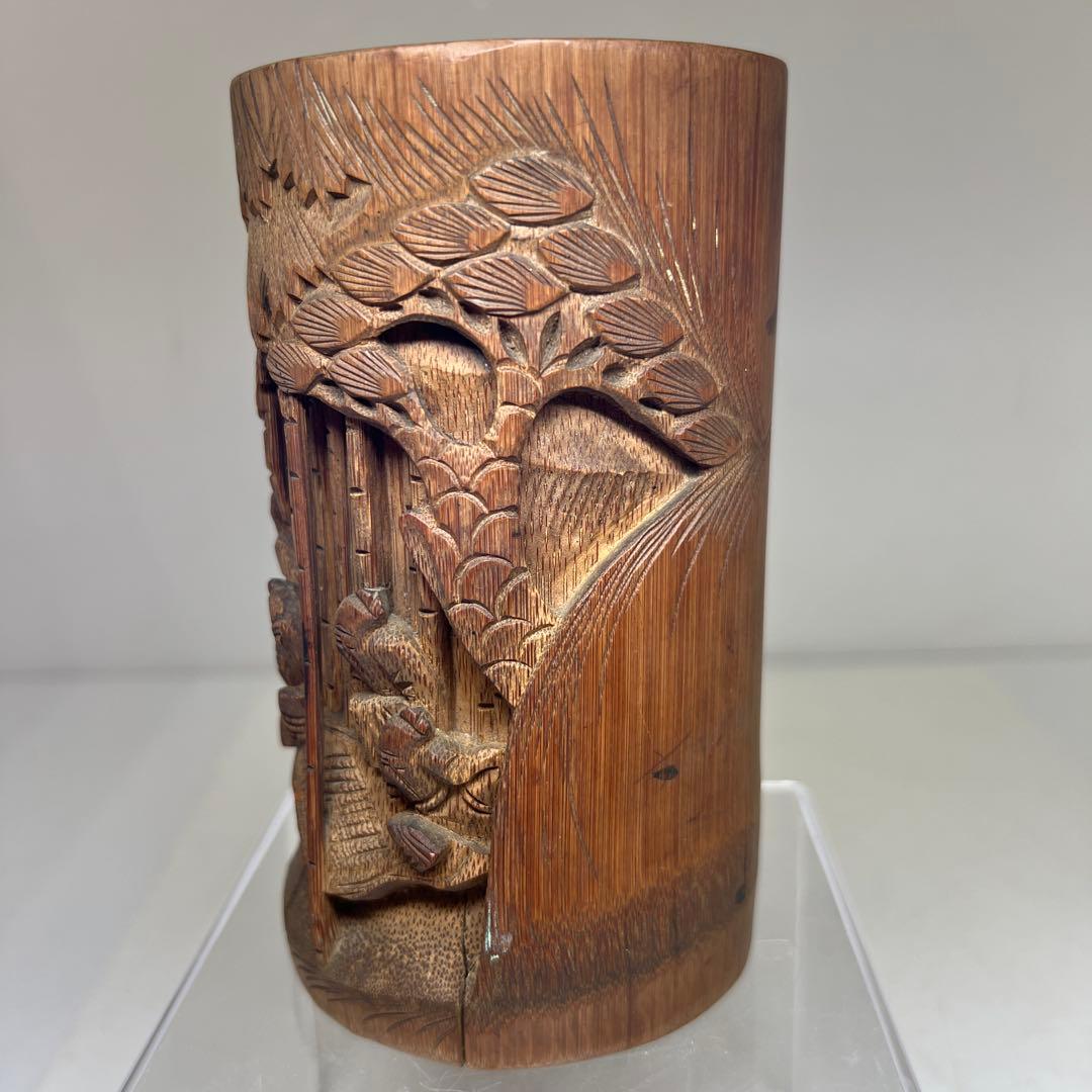 時代竹製浮彫筆筒　高さ14㎝　東Y7-0606①タエオ