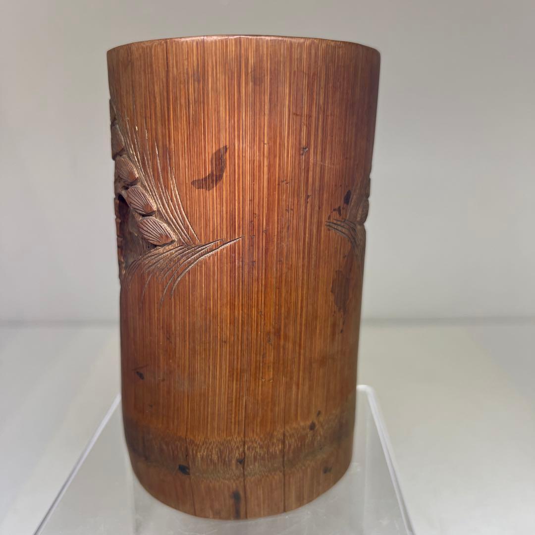 時代竹製浮彫筆筒　高さ14㎝　東Y7-0606①タエオ
