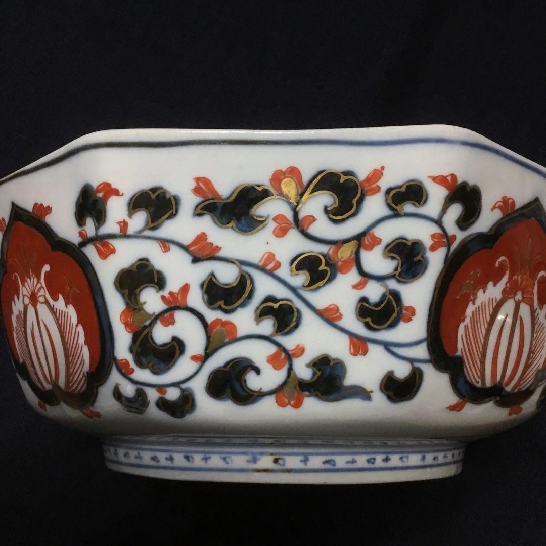 伊万里焼 色絵 草花紋様 八角 八寸深鉢 /骨董/時代物