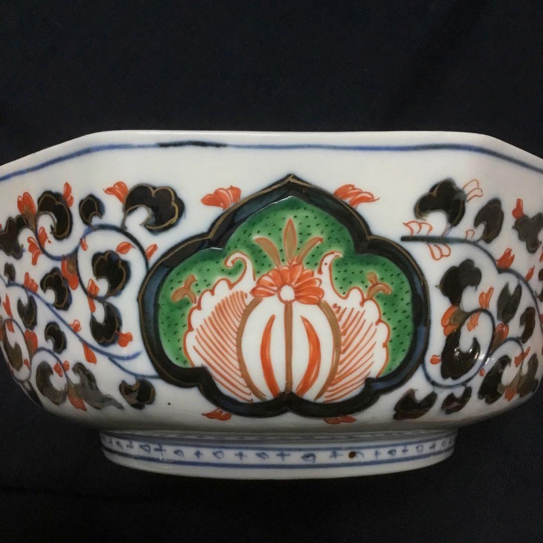 伊万里焼 色絵 草花紋様 八角 八寸深鉢 /骨董/時代物