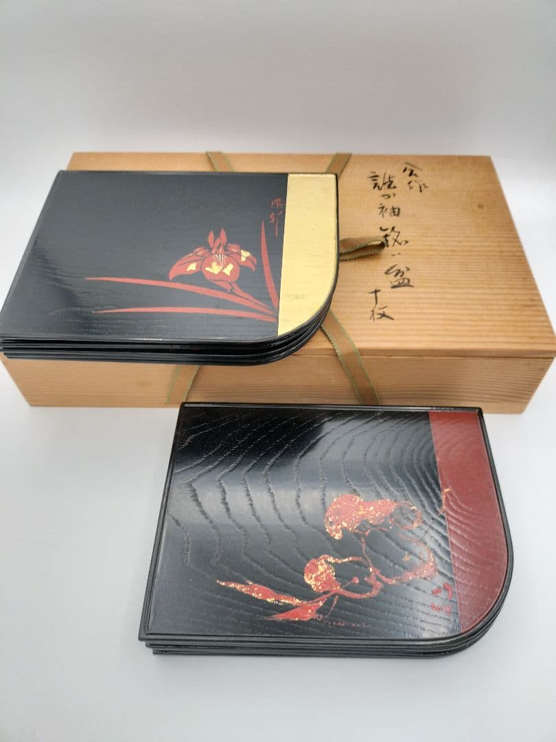 a997 銘々盆 合作 誰か袖 十作 木箱 茶道具 古物 懐石 菓子器　銘々皿
