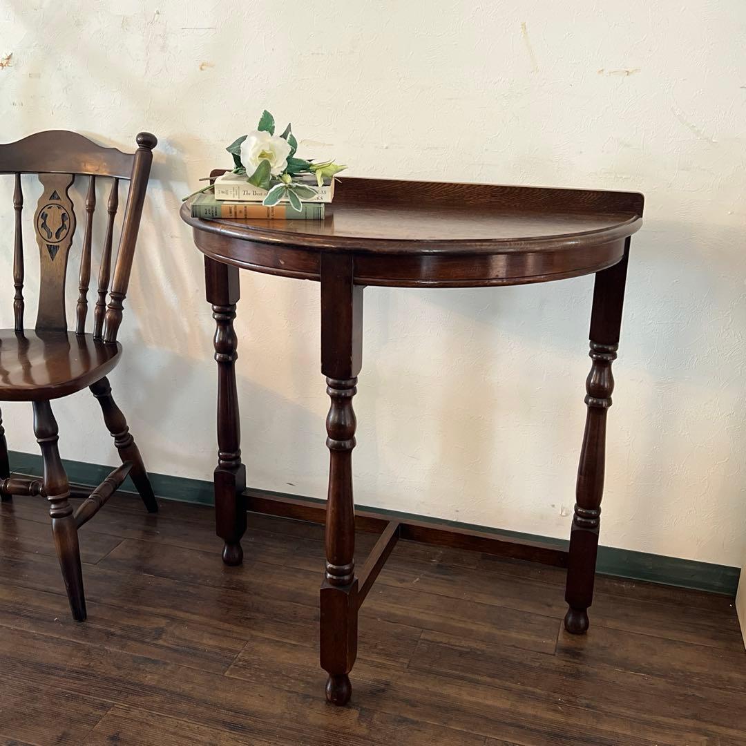 k966 英国アンティーク家具 半円コンソールテーブル ハーフムーン オーク材