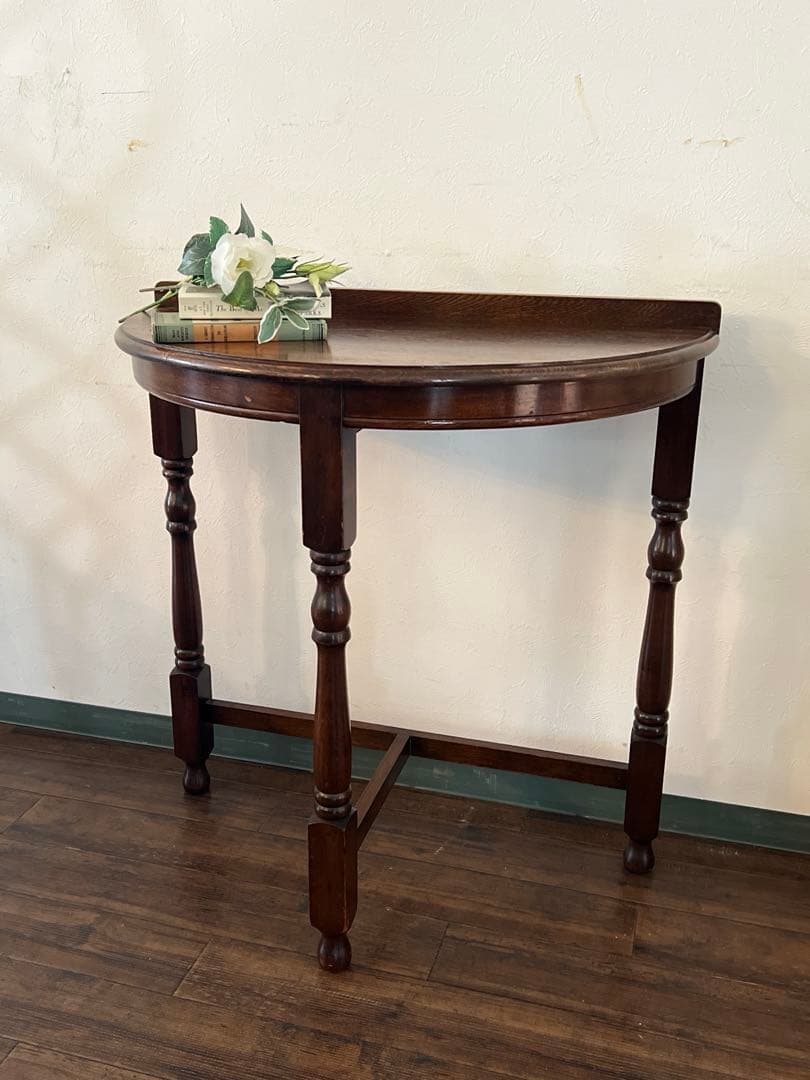 k966 英国アンティーク家具 半円コンソールテーブル ハーフムーン オーク材