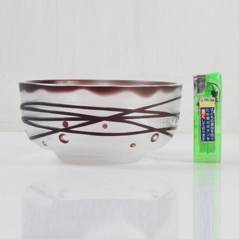 ガラス工芸　荒木良忠作　玻璃彫刻　銅赤流水文　菓子鉢　共箱　C　9187