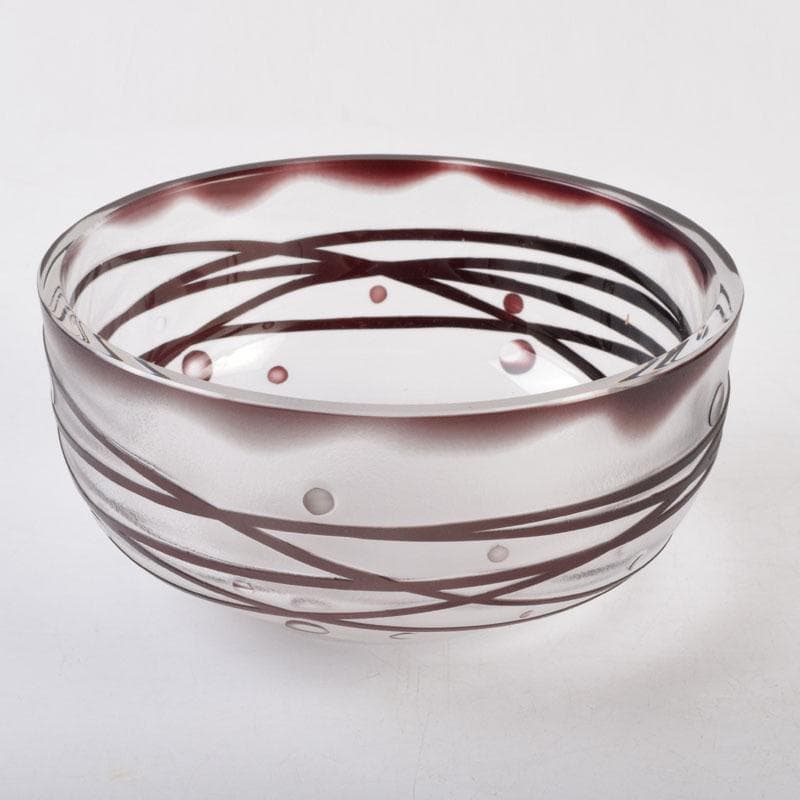 ガラス工芸　荒木良忠作　玻璃彫刻　銅赤流水文　菓子鉢　共箱　C　9187